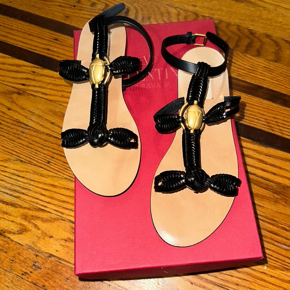 Garavani Valentino Black Leather Beatle Sandals.